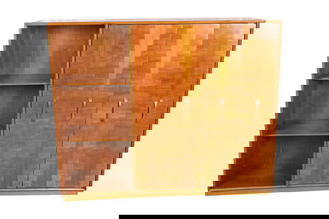 Inlaid Concave Walnut Cabinet: Inlaid Concave Walnut Cabinet with sculpted handles. Dimensions 46.5x56x15