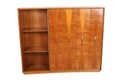 Inlaid Concave Walnut Cabinet: Inlaid Concave Walnut Cabinet with sculpted handles. Dimensions 46.5x56x15