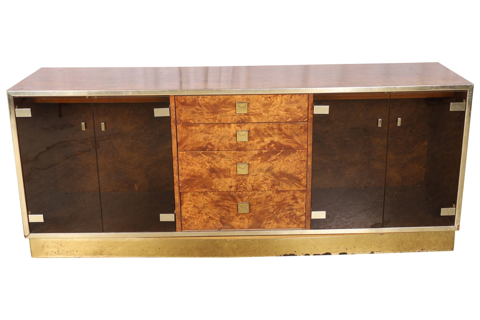 Founders - Burl and Glass Credenza: Founders - Burl and Glass Credenza. Dimensions 29.5x72x18