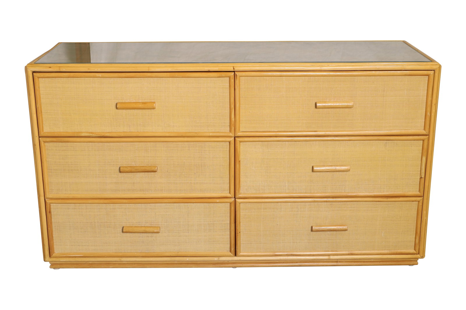 Bamboo & Grass Cloth Long Dresser: A bamboo and grass cloth wrapped long dresser with removable glass top. Dimensions:30x53x18
