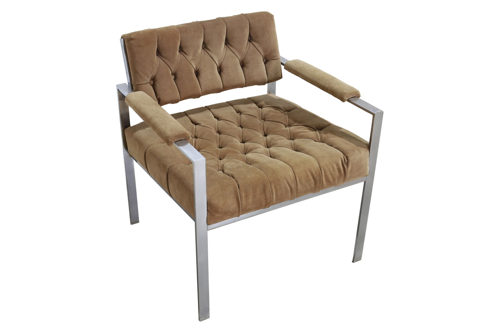 Harvey Probber - Tufted Lounge Chair: A Harvey Probber chrome frame and tufted suede lounge chair Dimensions:30x27x24