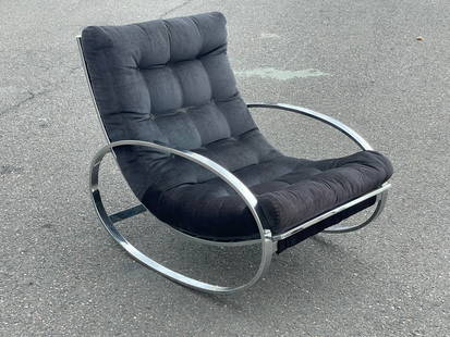 Renato Zevi - Rocking Chair: A Renato Zevi chrome and velour Elipse rocking chair Dimensions:32x20x40 Seat Height:17