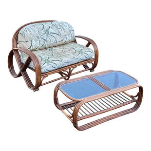 Paul Frankl Style Bamboo Loveseat Sofa & Table: Paul Frankl Style Pretzel Bamboo Loveseat Sofa & Table Set Dimensions:34x54x34