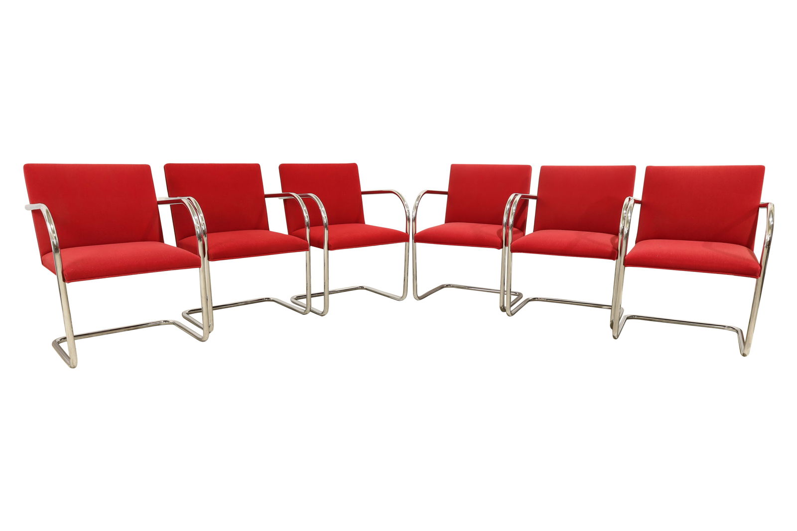 Mies Brno - Knoll - Chairs -6: A set of Mies Brno for Knoll red upholstered cantilever chairs Dimensions:31.5x22x23.5