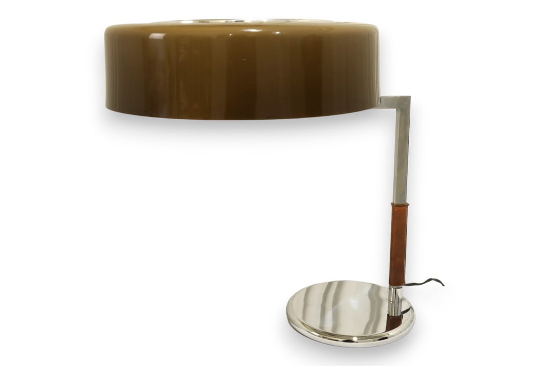 J.T. Kalmar - Chrome and Leather Desk Lamp: A J.T. Kalmar chrome and leather desk lamp Dimensions:18.5x22x13