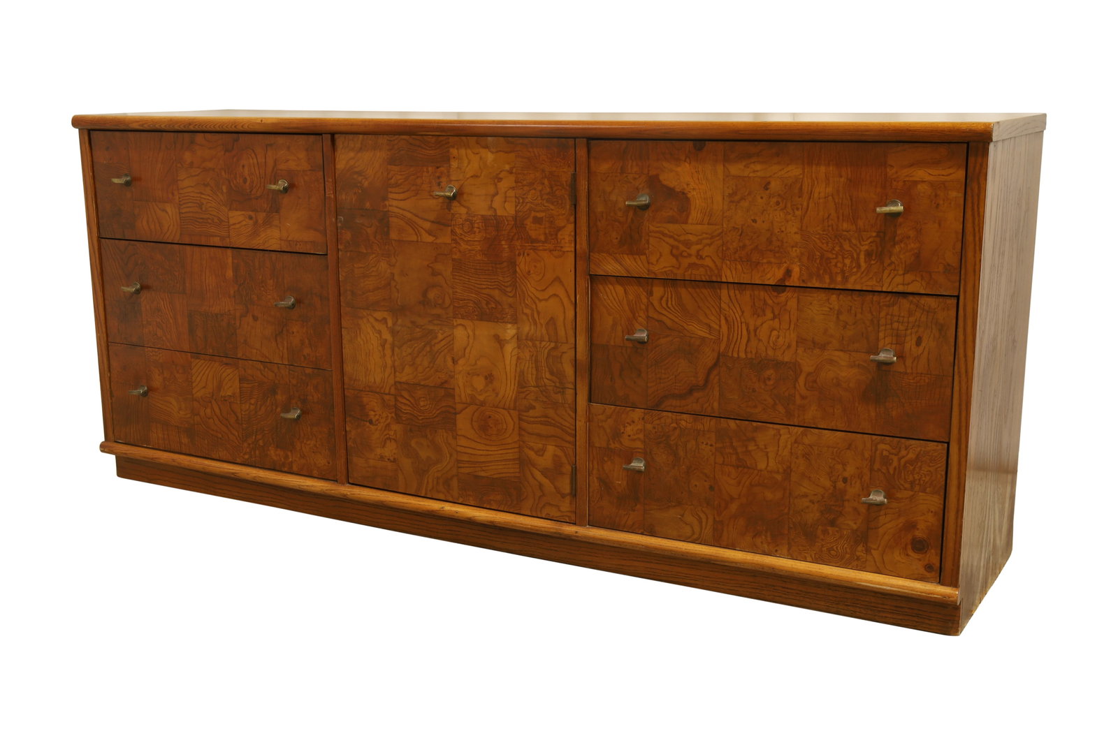 Oak & Burl Credenza: An oak and burl credenza with brass pulls Dimensions:30x70x18