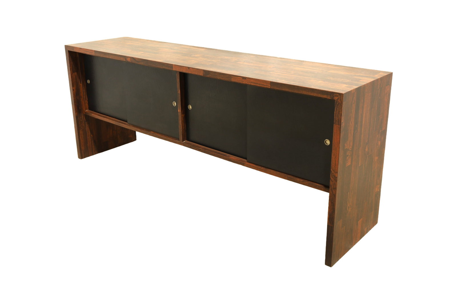 Laminate Rosewood Credenza: A laminate rosewood credenza with black sliding doors Dimensions:29x72x18