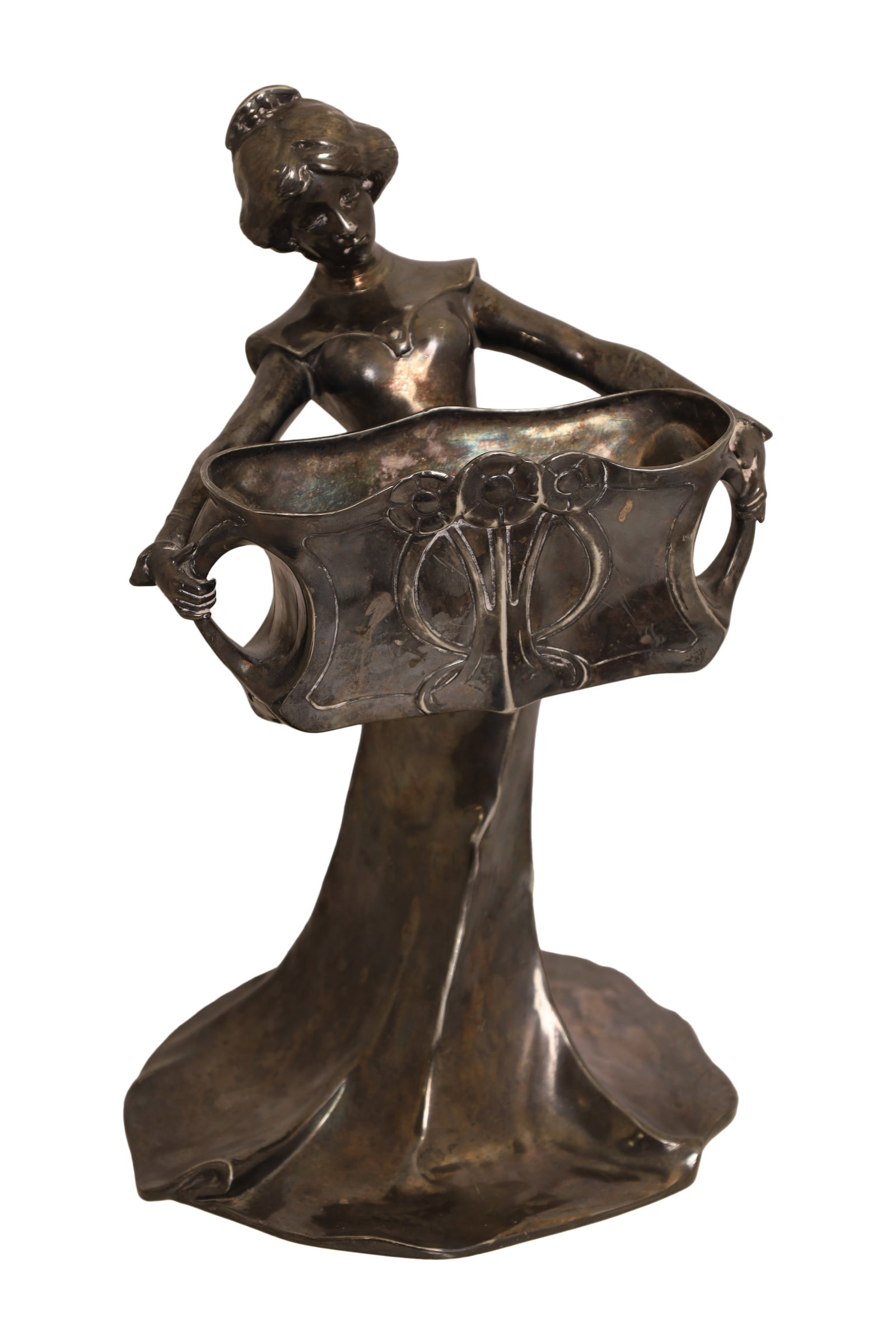 Figural Art Nouveau Silver Plate Figure: A figural Art Nouveau silver plate figure by Francois Alphone Piquemal Dimensions:12x8