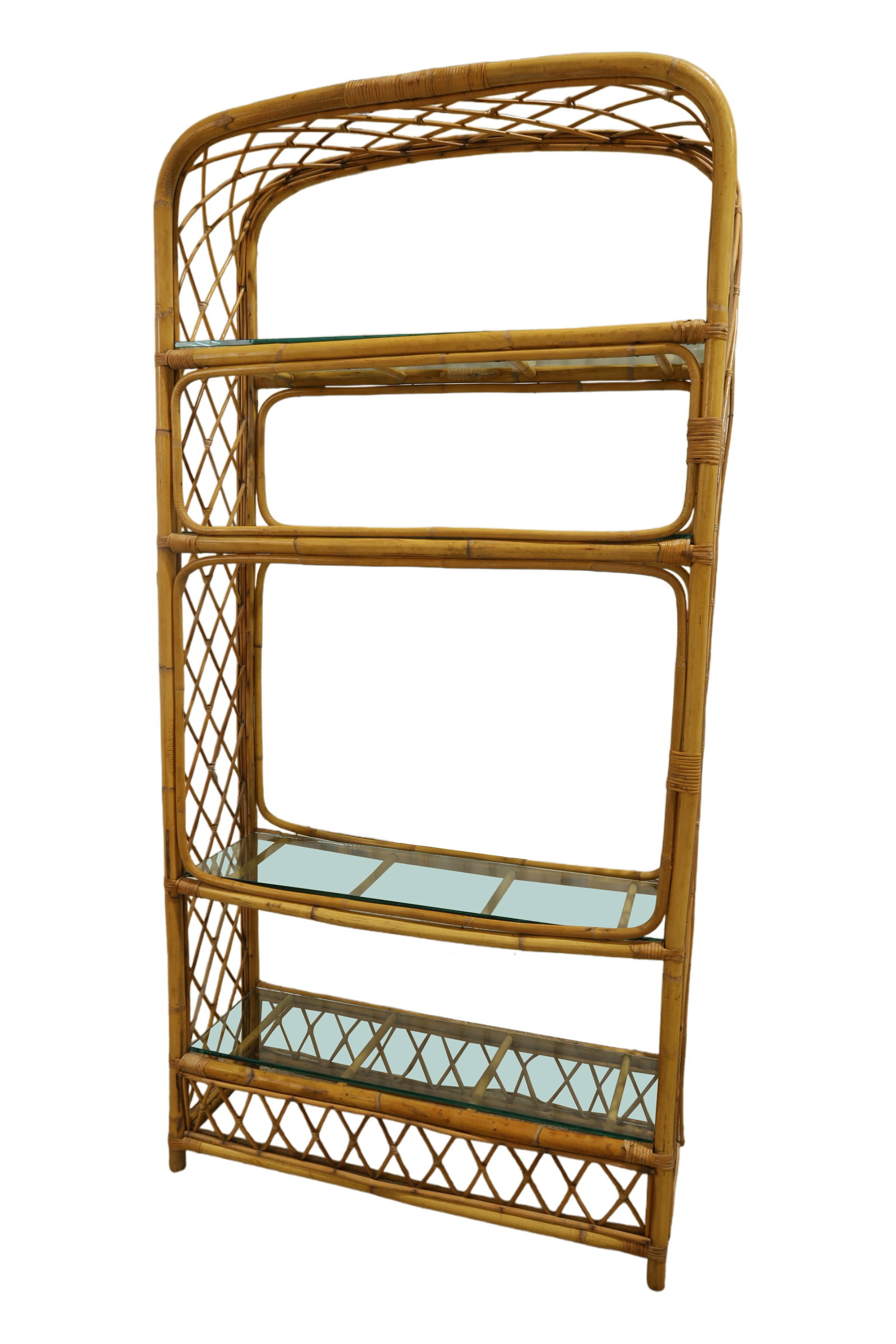 Rattan Etagere: A rattan etagere with glass shelves Dimensions:74x36x12