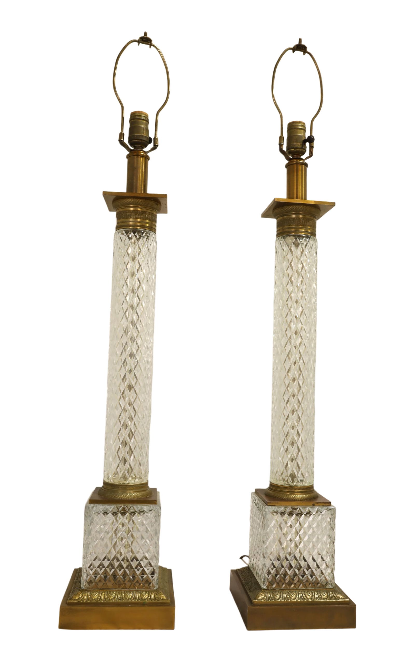 French Brass & Cut Crystal Column Lamps - Pair (1 of 7)