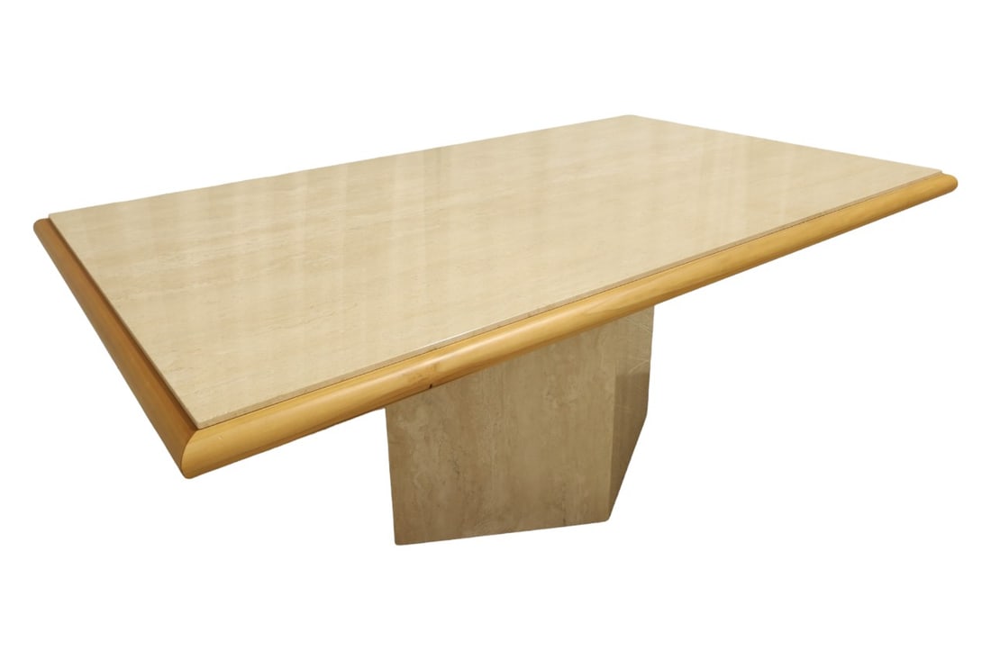 Travertine Dining Table: A travertine with wood trim dining table Dimensions: 30x71x41