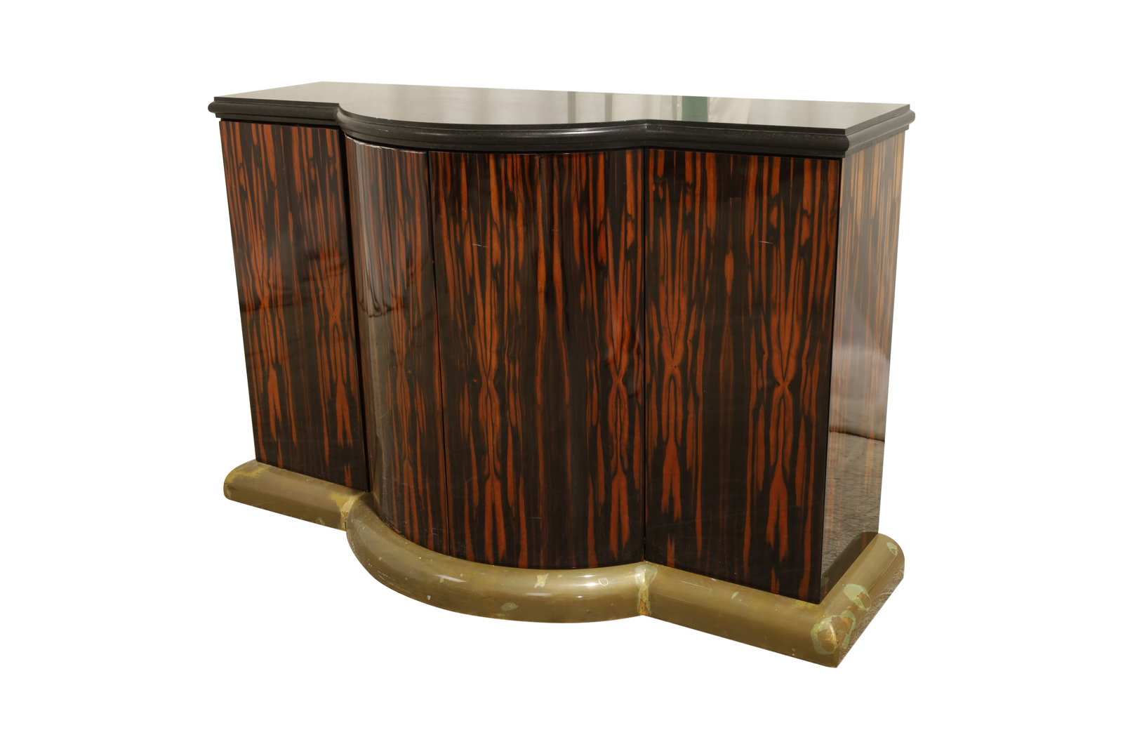 Zebrawood Marble Top Credenza: A zebrawood marble top credenza with gold lacquered base Dimensions:33x50x14