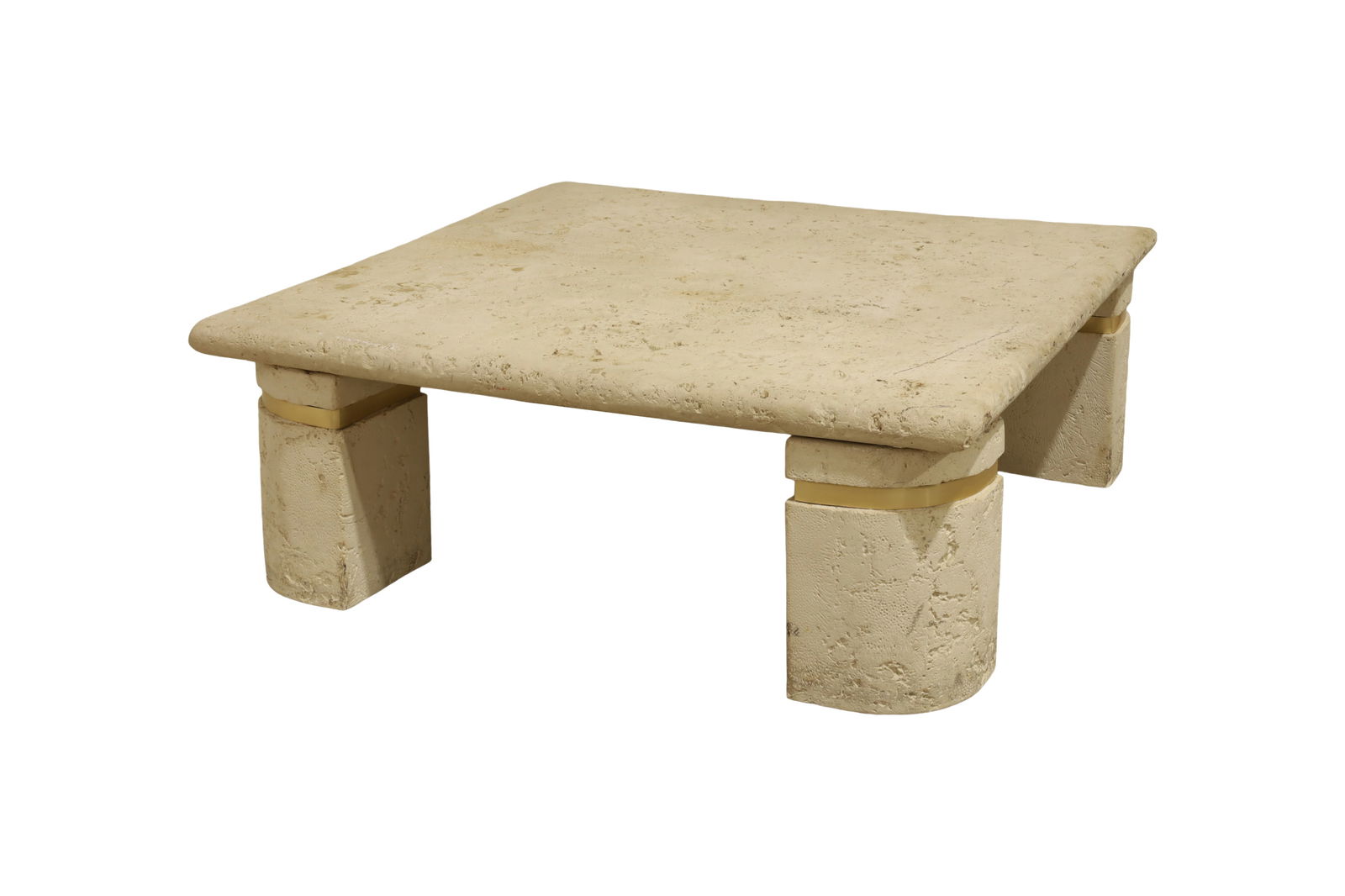 Fossilized Stone Coffee Table: A fossilized stone coffee table with brass accents on legs Dimensions:15x40x42
