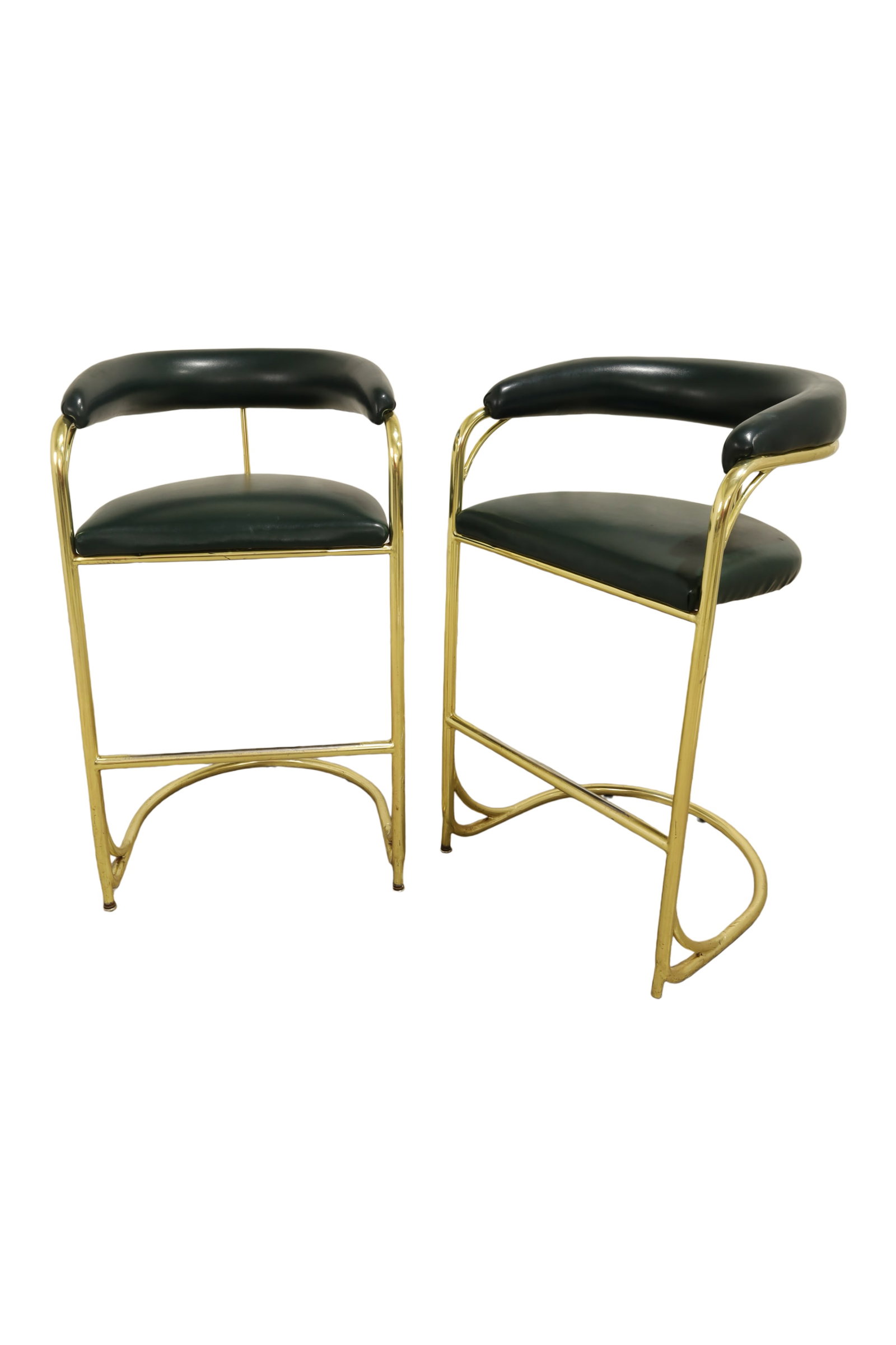 Brass Frame Stools - Pair: A pair of green vinyl with brass frame stools Dimensions:40x23x21