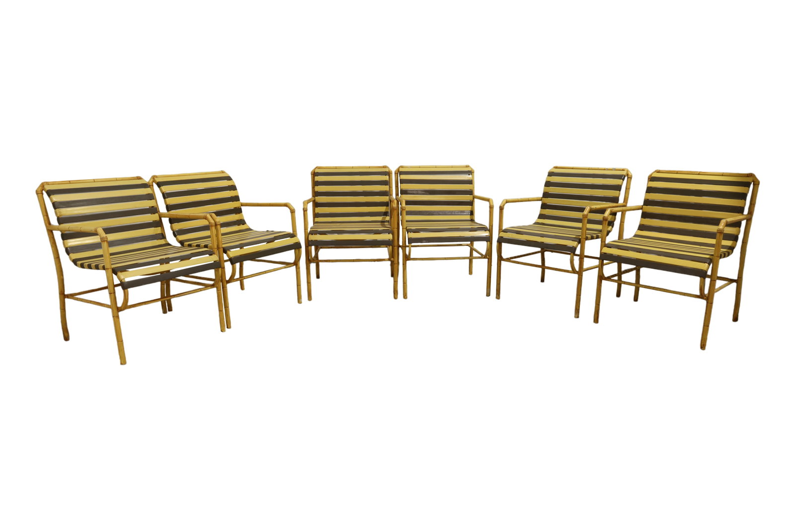 Mid Century Metal Vinyl Strap Chairs - 6: A set of 6 mid century modern faux bamboo metal vinyl strap outdoor chairs Dimensions:32x23x28
