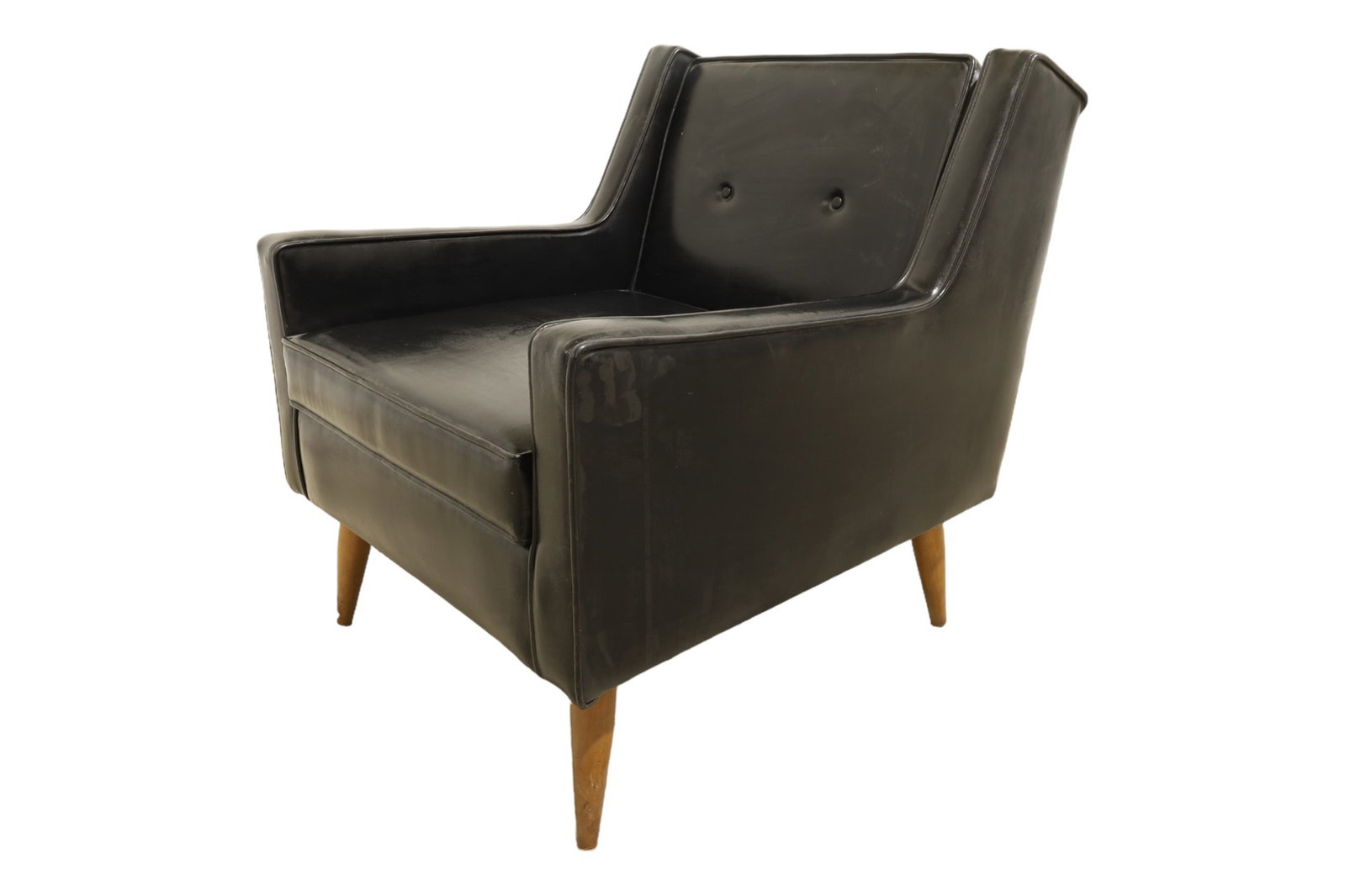 Mid Century Modern Black Vinyl Lounge Chair: A mid century modern black vinyl lounge chair Dimensions:29x26x28