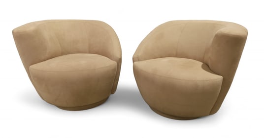 Kagan Style Nautilus Suede Swivel Chairs - Pair