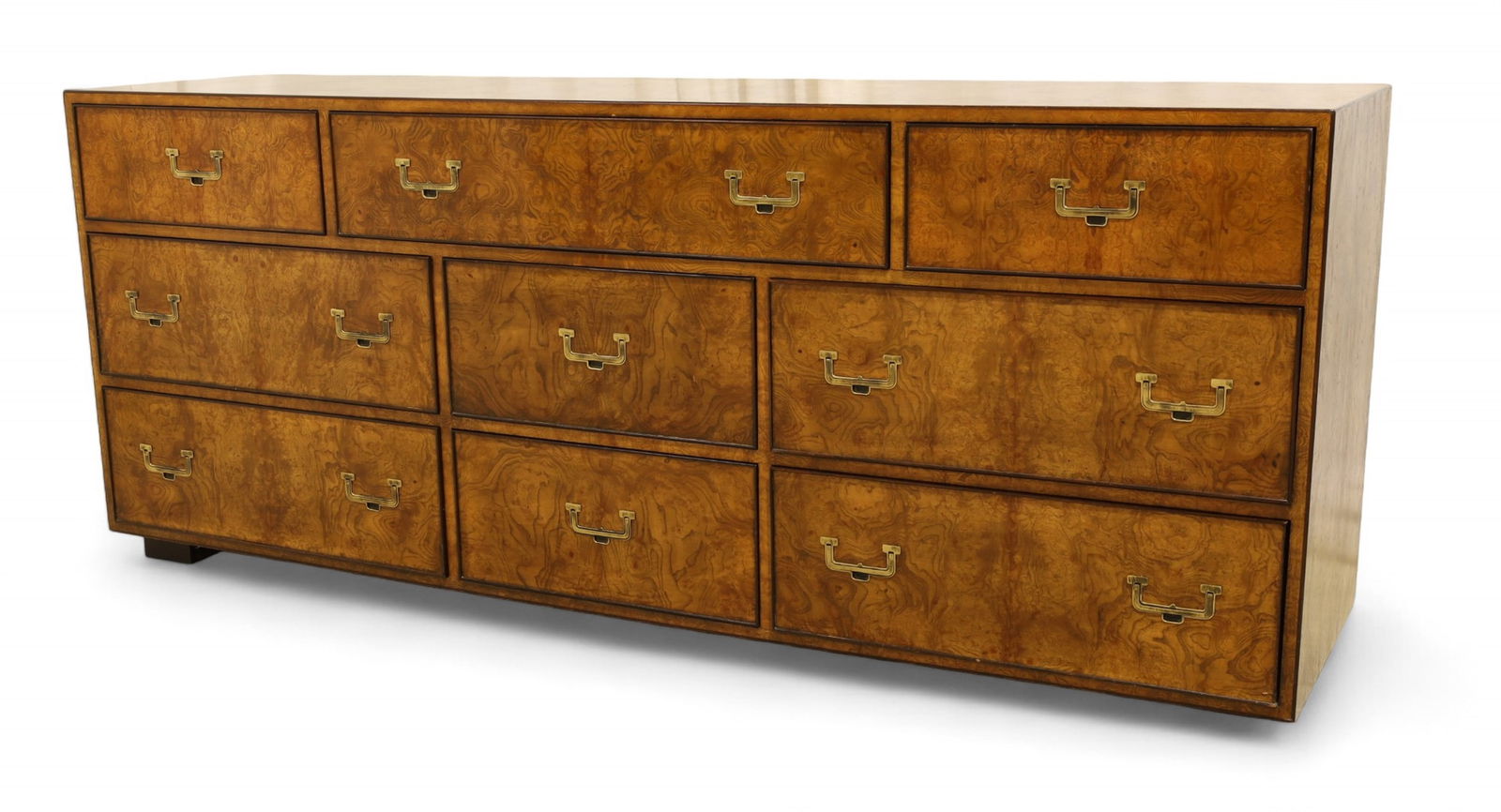 John Widdicomb Campaign Style Burl Long Dresser: A John Widdicomb Campaign style burl long dresser Dimensions:31x77x19