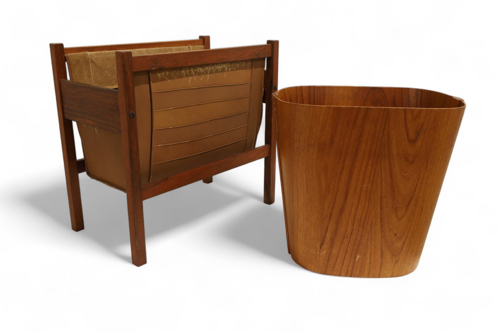 Teal Wastebaset & Magazine Rack: A teak wastebasket and leather and rosewood magazine rack Rack Dimensions:17x18x10 Wastebasket Dimensions:13x14x10