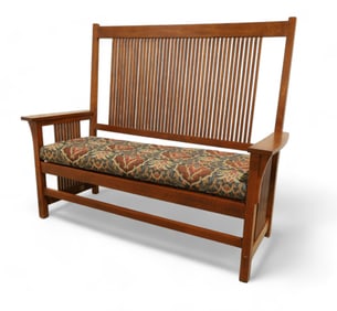 L. & J.G. Stickley High Back Mission Oak  Prairie Bench