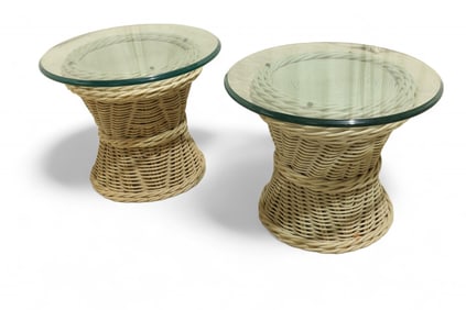 Wicker & Glass Side Tables - Pair