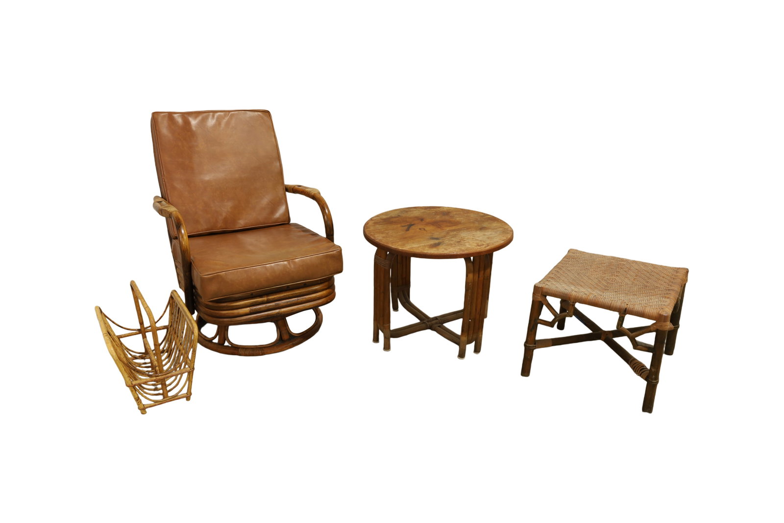 Lot of Mid Century Modern Furniture - 4 Pieces: A rattan swivel chair, magazine rack and 2 tables Dimensions: