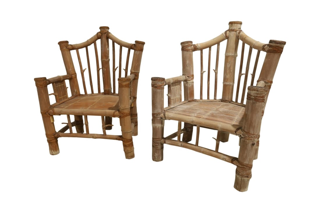 Oversized Bamboo Chairs - Pair: A pair of oversized bamboo chairs hand made in the Philippines with rawhide strapping Dimensions:46x36x30