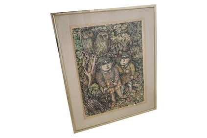 People and Owls French Lithograph