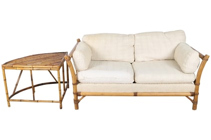 Rattan Bamboo Loveseat & Corner Table