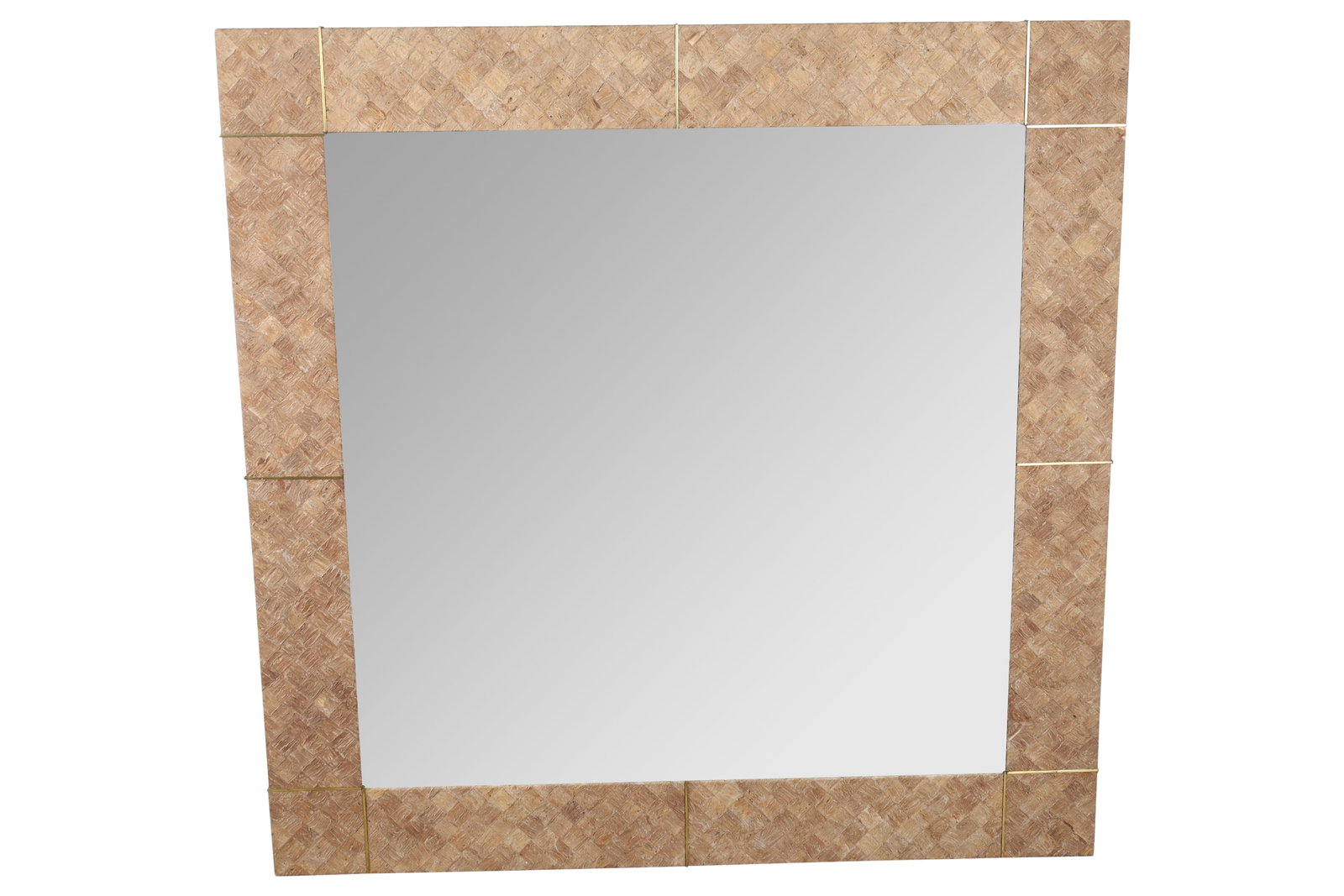 Large Fabric with Brass Inlaid Mirror: Large Fabric with Brass Inlaid Mirror. Dimensions 45x45