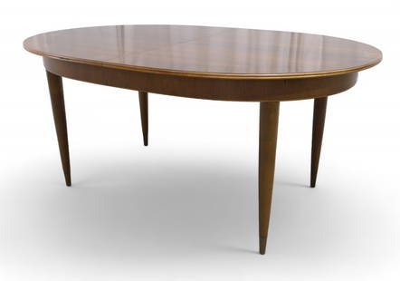 Melchiorre Bega (Attr.) Dining Table: A Melchiorre Bega attributed dining table with brass inlay, includes 2 20"built in leaves Dimensions: 29.5x66x43