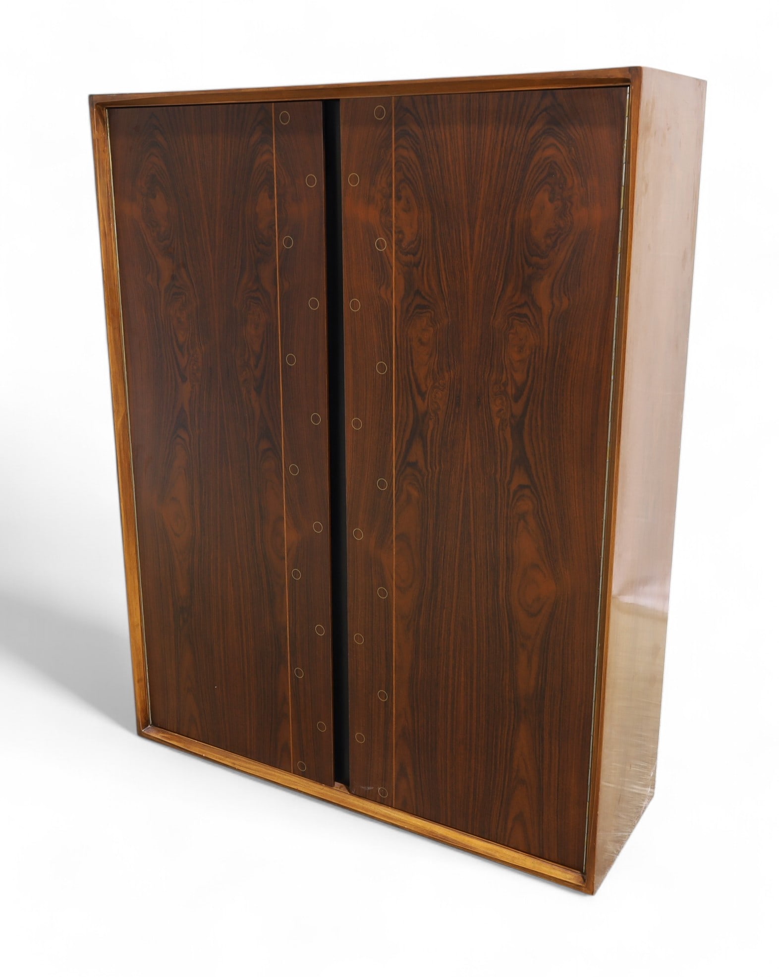 De Coene Freres Rosewood Cabinet: A De Coene Freres rosewood and walnut cabinet with geometric brass inlay Dimensions:50x39x13