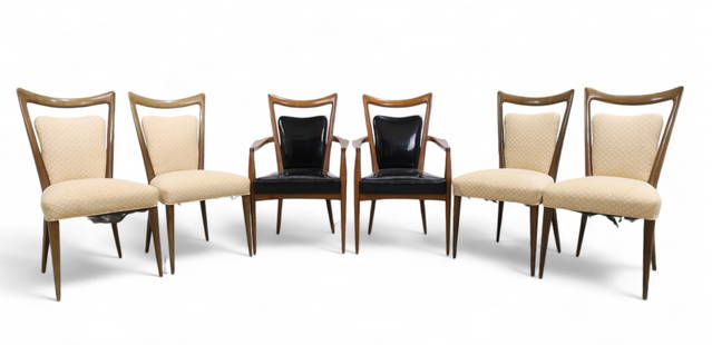 Melchiorre Bega Dining Chairs - 6: A set of 6 Melchiorre Bega dining chairs. 2 arms with vinyl upholstery & 4 sides with fabric Dimensions:37x23.5x22x