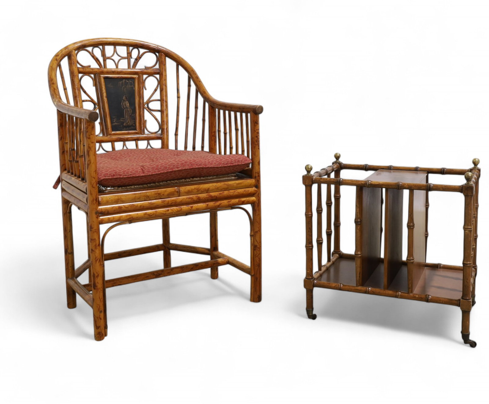 Bamboo Chair & Faux Bamboo Magazine Rack: A bamboo chair and faux bamboo magazine rack on casters Chair Dimensions:34x22x22