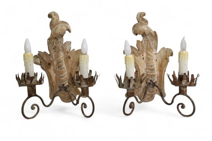 Unusual Antique Carved Wood Sconces - Pair