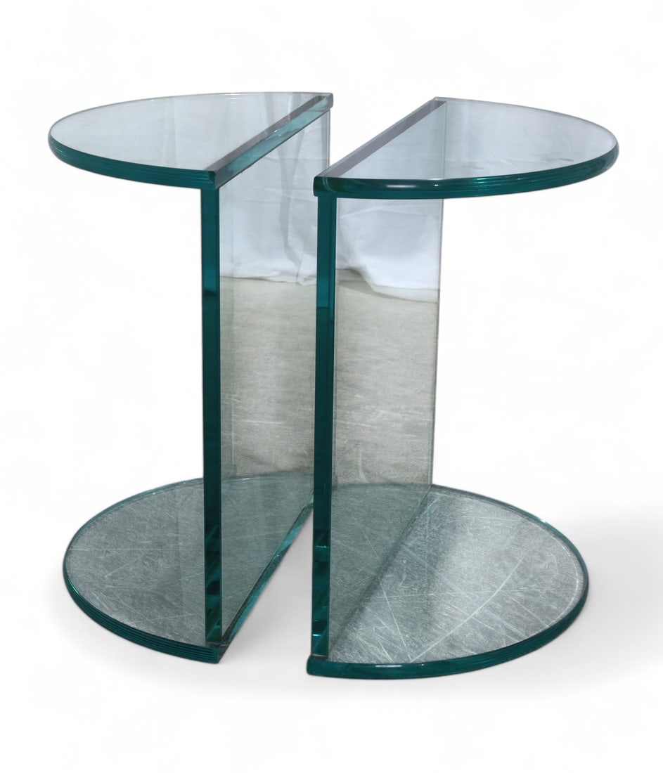 Demi Lune Glass End Tables - Pair: A pair of demi lume glass end tables Dimensions:21x20x10