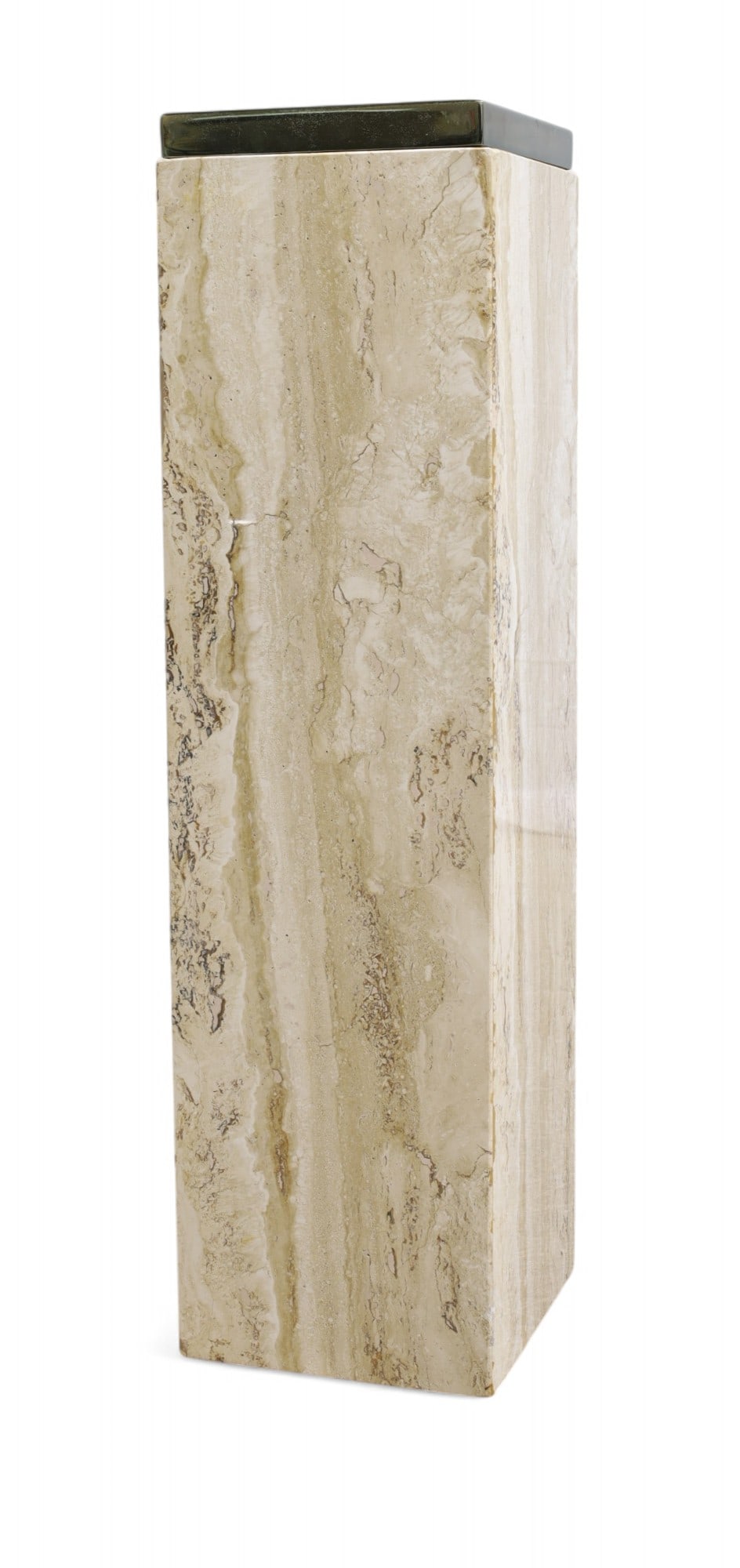 Travertine Pedestal: A square travertine pedestal with brass plate top Dimensions:30x8x8