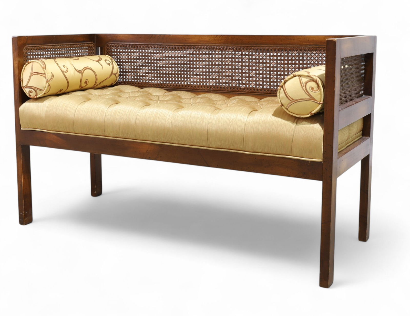 Hollywood Regency Style Cane and Walnut Bench (1 of 8)