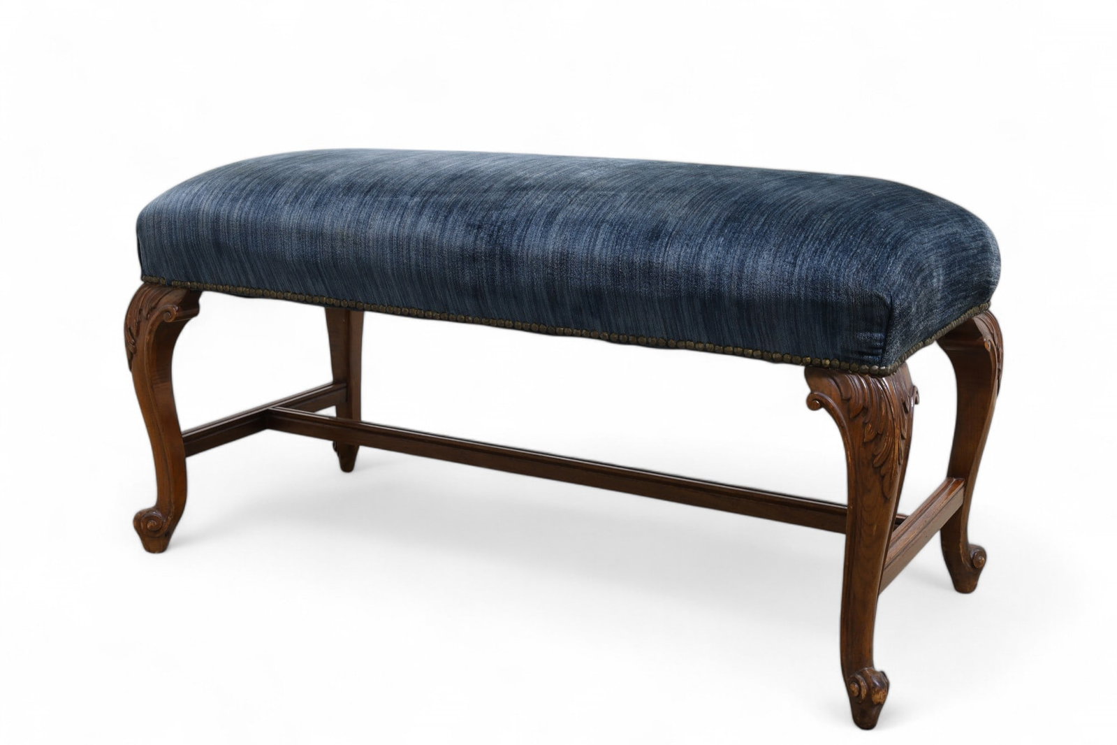 Carved Leg Antique Bench: An antique bench with upholstered seat and carved wood legs and nailhead trim Dimensions:20x40x19