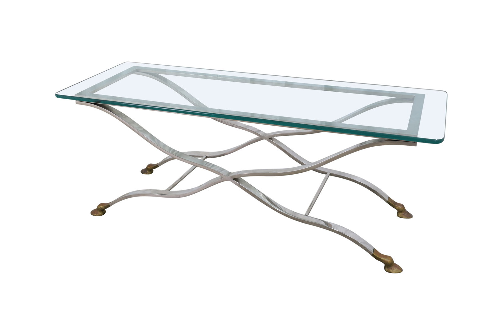 Chrome & Brass Hoof Foot Coffee Table: A chrome glass top "X" base coffee table with brass hoof feet Dimensions: 18x48x18