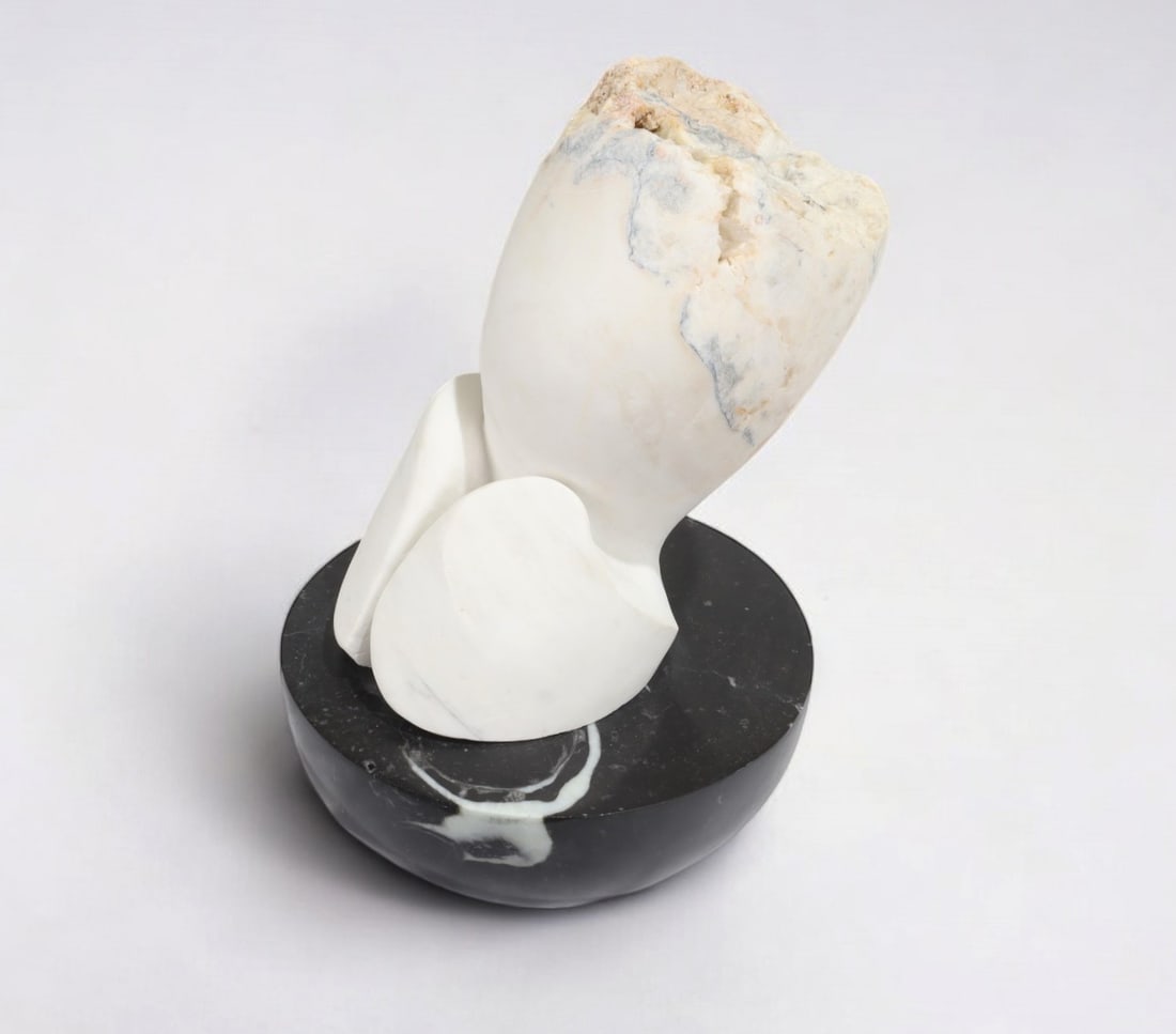 Ayomi Aoyama - Stone Sculpture: A Ayomi Aoyama balck and white stone sculpture, titled Angel Dimensions:14.5x15x9