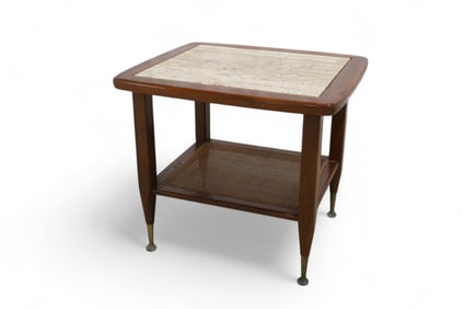 Mid Century Walnut & Travertine  Side Table