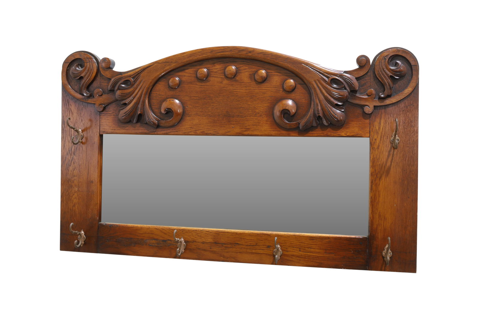 Antique Carved Chestnut Mirror: A hand carved chestnut beveled edge mirror with 6 hooks Dimensions:25x44x2