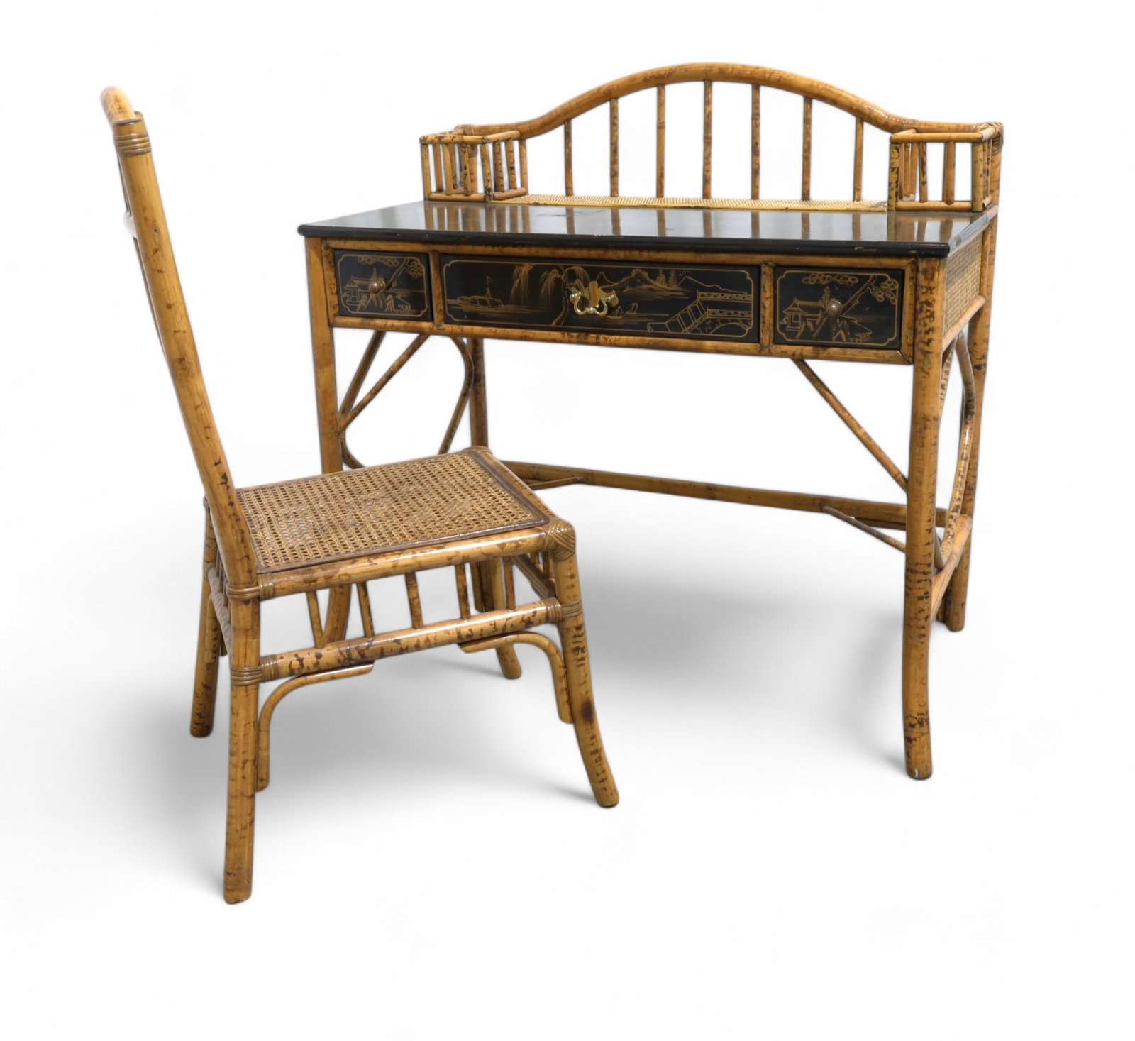 Bamboo Chinoiserie Rattan Desk & Chair: A bamboo chinoiserie decorated desk and chair Desk Dimensions:40x41x22 Chair Dinensions:40x1718 Seat:17"