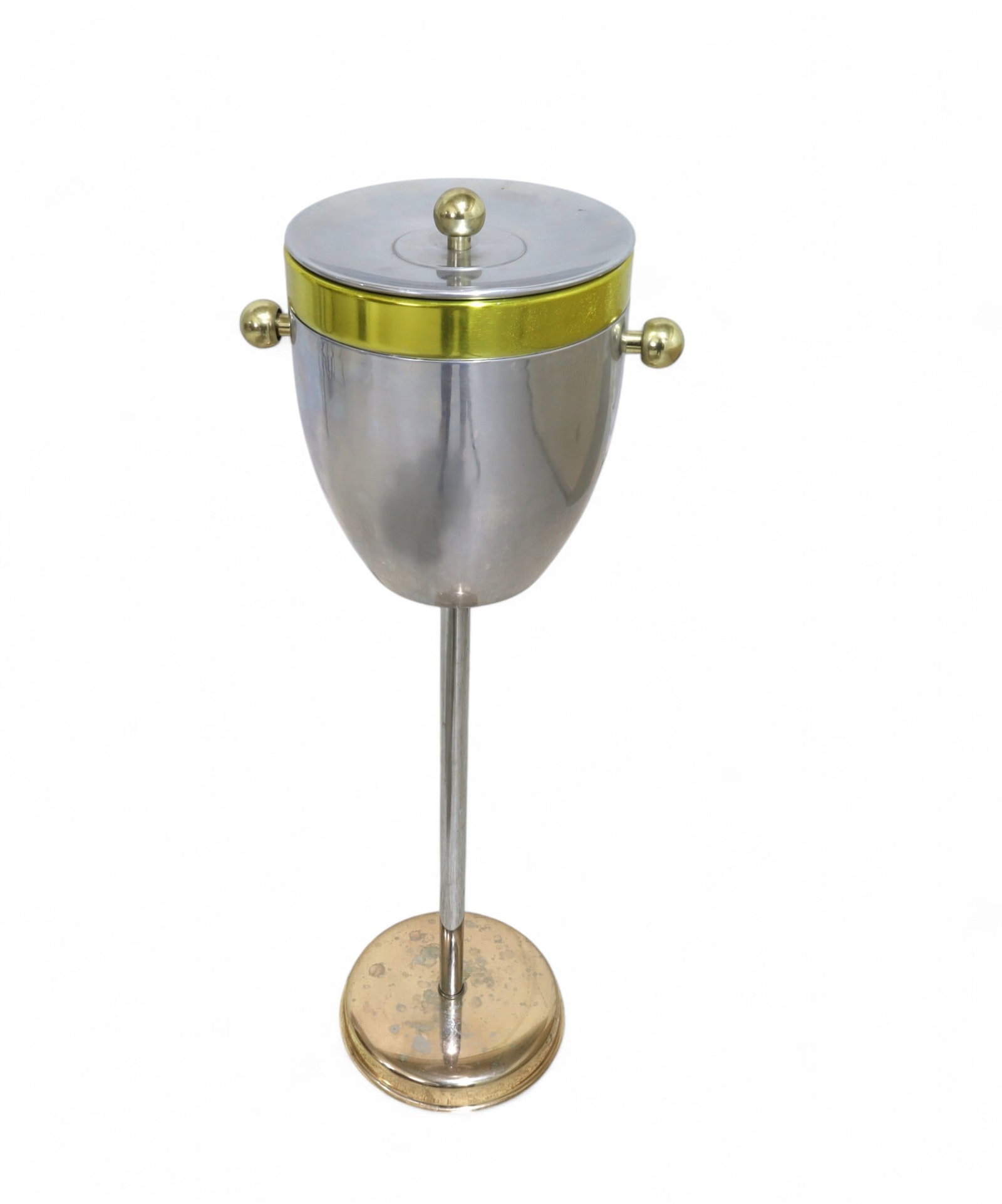 Aluminum & Brass Champagne Bucket: A mid century modern aluminum and brass champagne bucket on stand Dimensions:30x9
