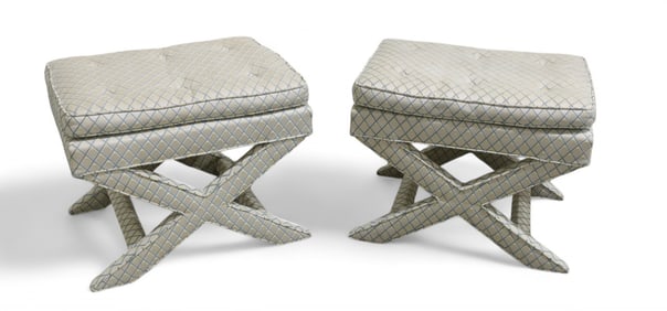Upholstered X Base Benches - Pair