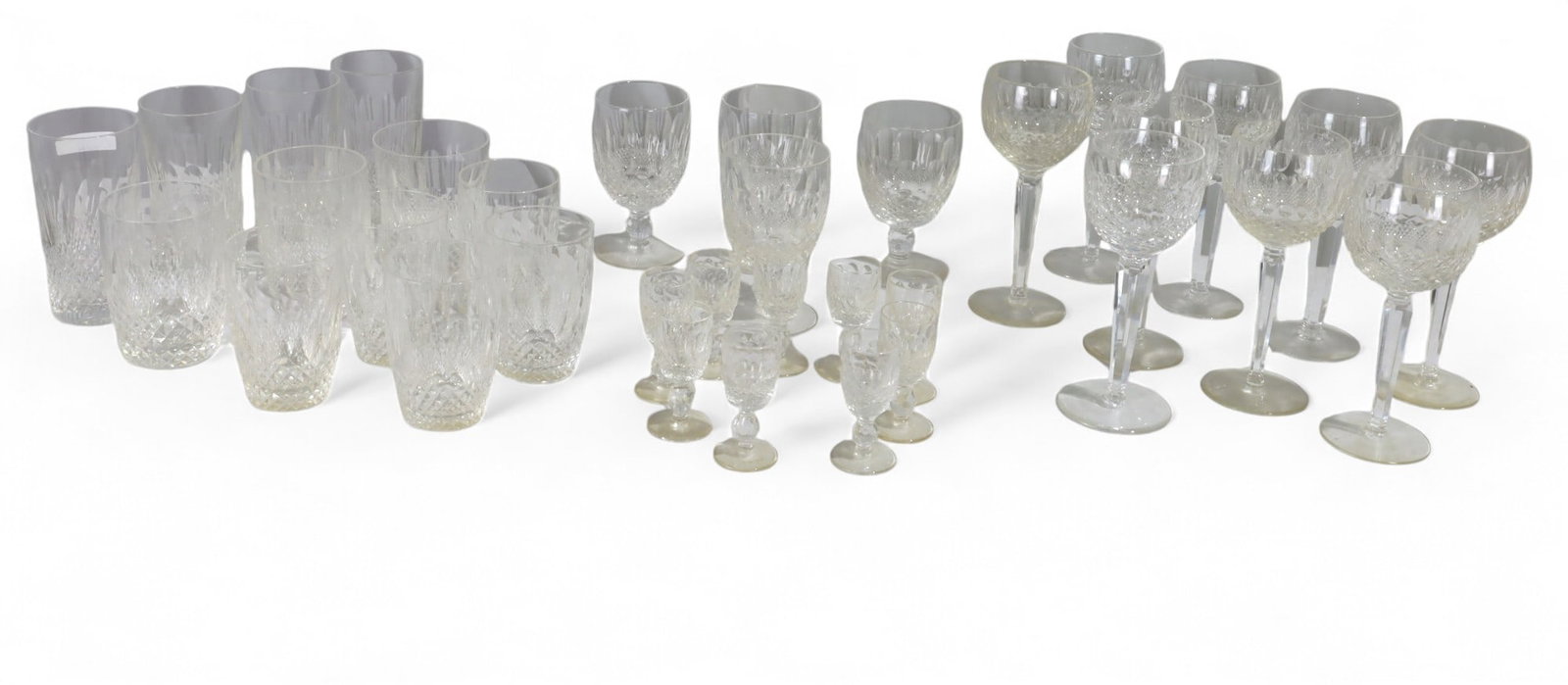 Waterford Stemware - Colleen Pattern: 32 pieces of Waterford stemware, The Colleen series Includes:9 Wine Glasses 8 Highball Glasses 4 Tumblers 4 Water Glasses 9 Cordials
