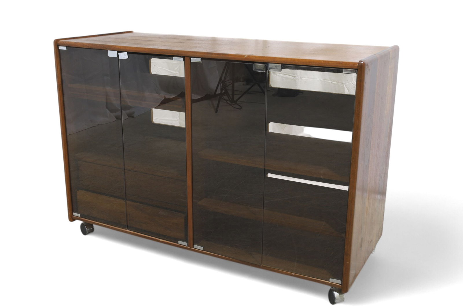Mixed Woods Smoked Glass Cabinet: A mixed woods cabinet with 2 sets of smoked glass doors Dimensions:33x47x19