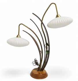 Mid Century Teak & Milk Glass  Lamp