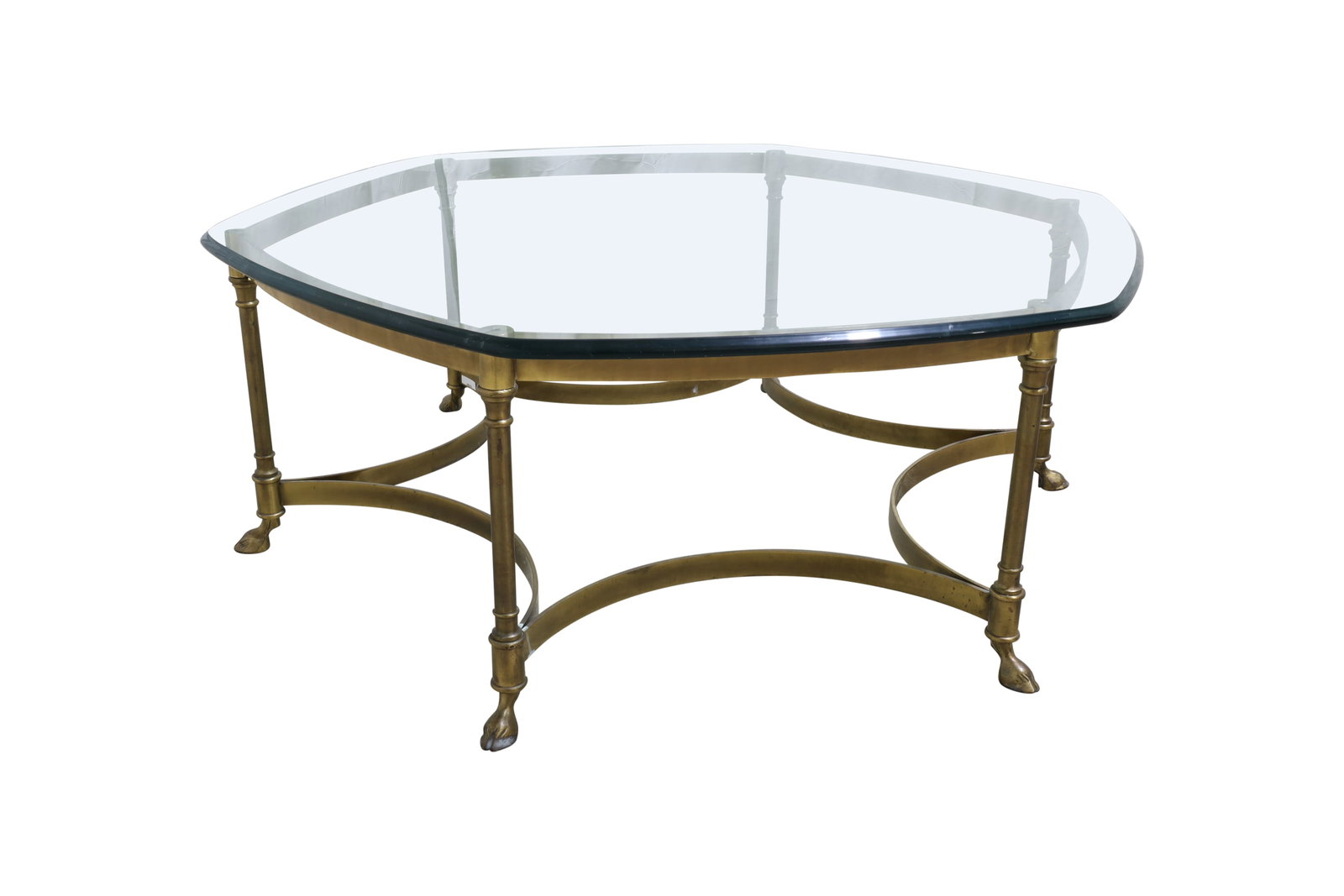 Brass Hoof Foot Coffee Table: A brass hoof foot coffee table with beveled glass top Dimensions:15x38x